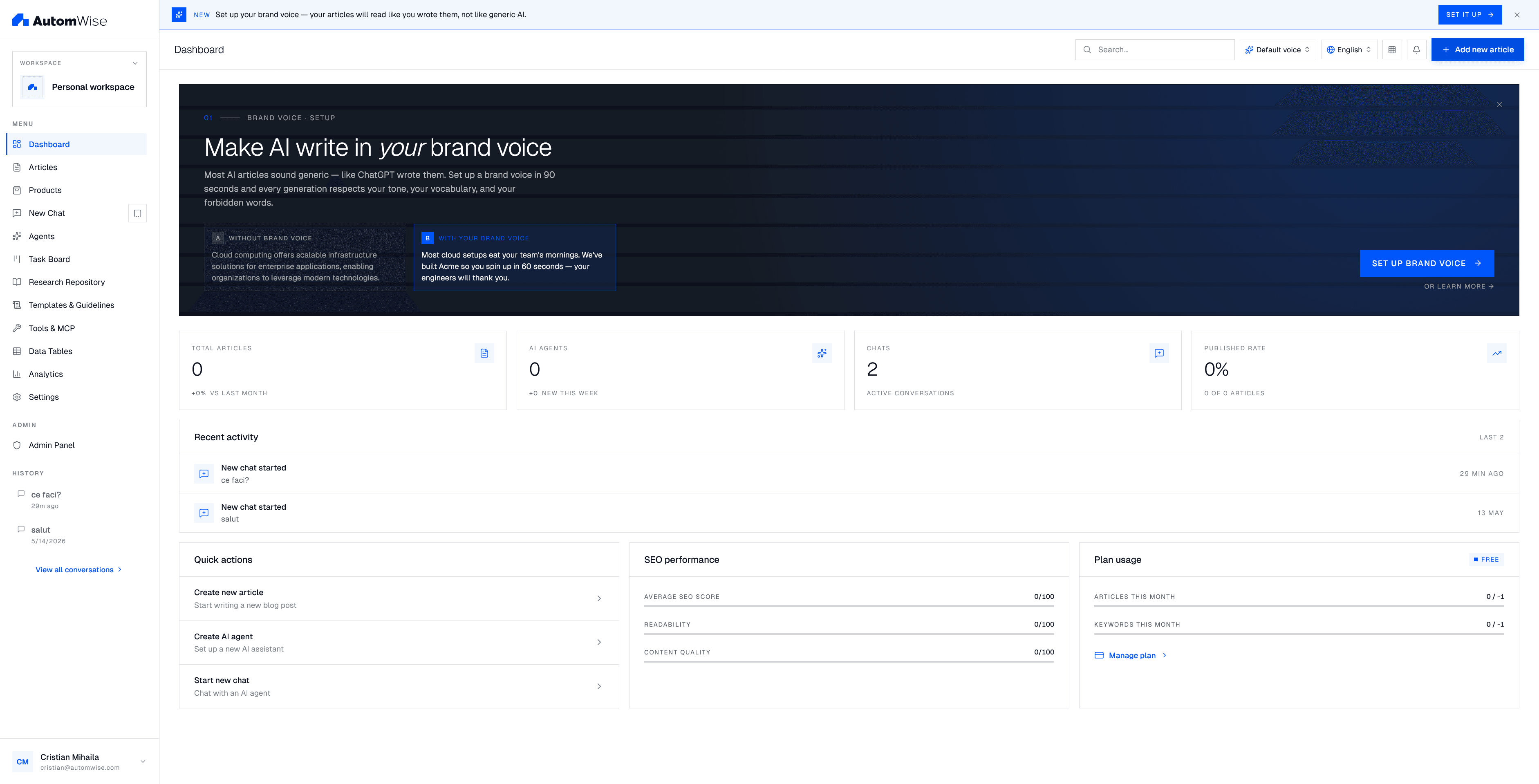 Automwise Content dashboard